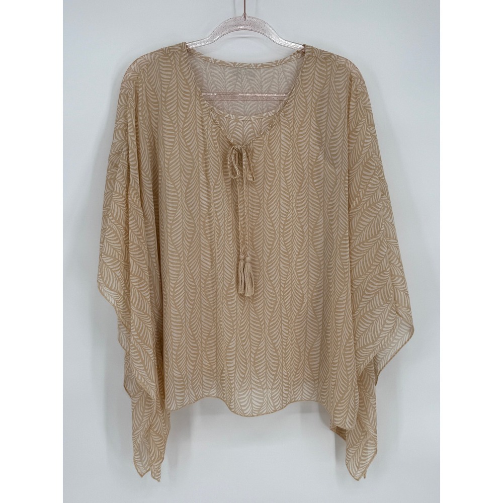One World Women's Beige Leaf Print Tie Front Tassel Cover Up Top Size S